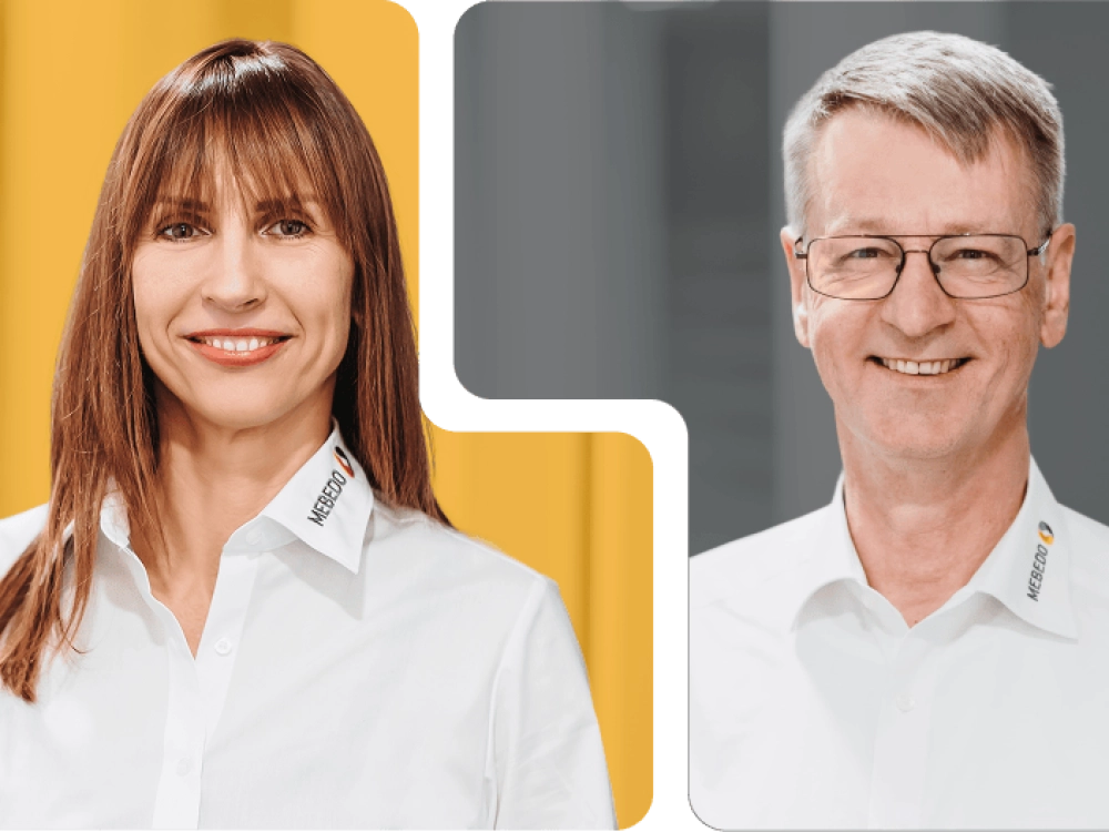 Zweigeteilte Grafik: Portraitbilder einer Frau und eines Mannes in geometrischer Form. Beide lächeln freundlich in die Kamera.